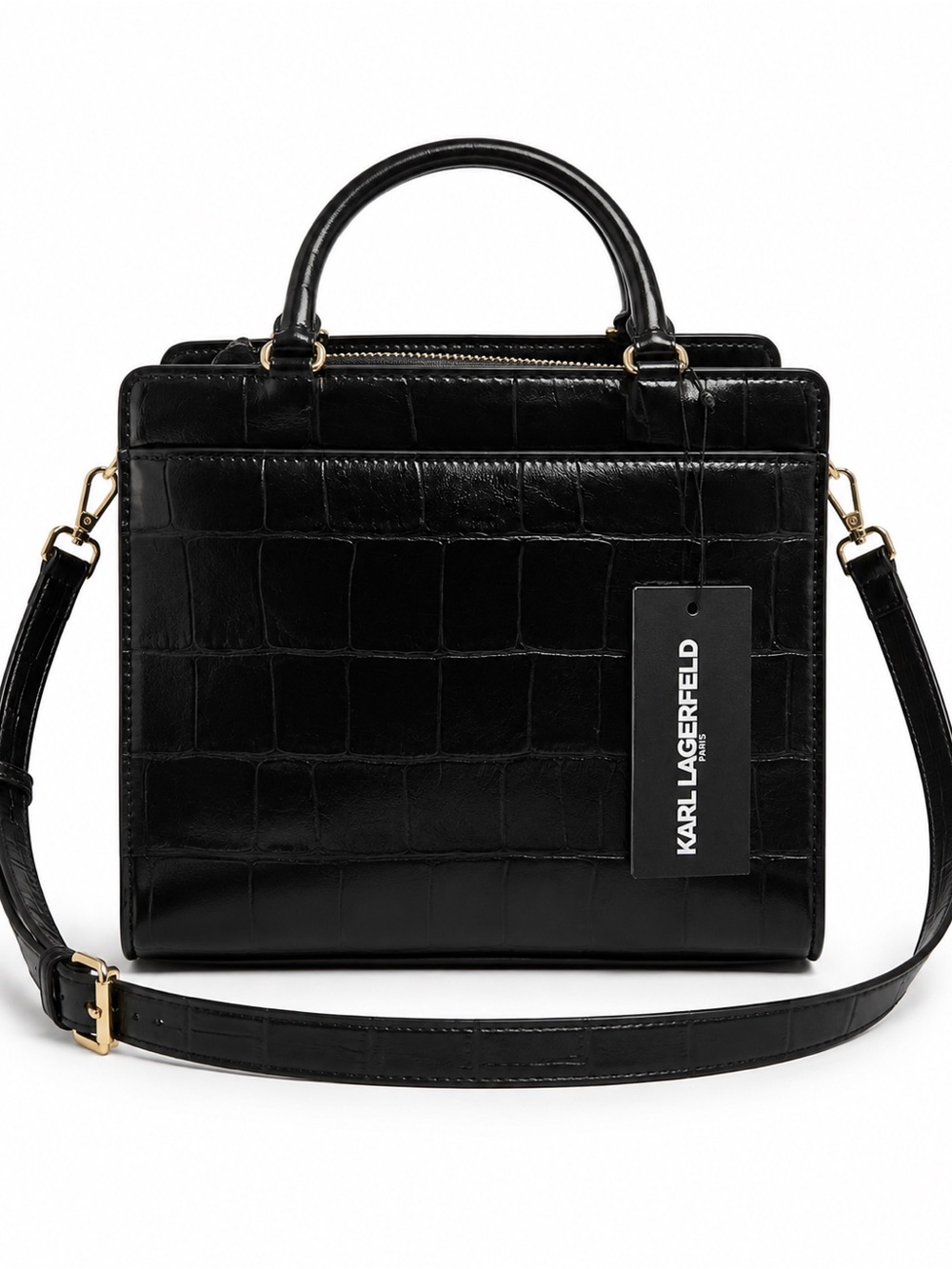 Karl Lagerfeld Black Croc-Embossed Satchel with Gold Charm - Picture 2 of 14